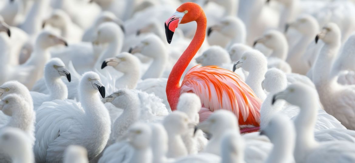 A standout flamingo among a group of white birds, symbolizing uniqueness and standing out from the crowd.